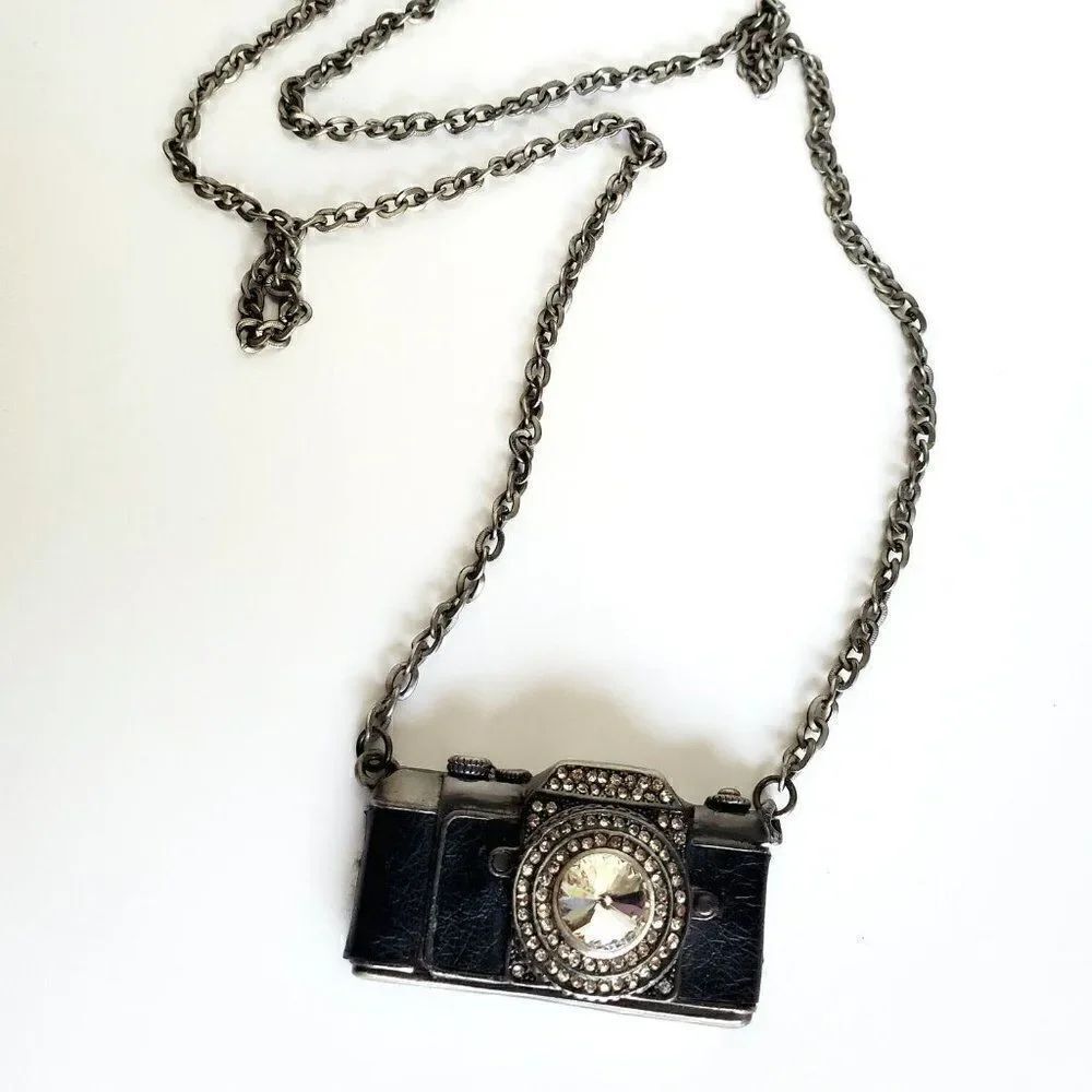Vintage Black Camera Crystal Rhinestone Long Chain Pendant Necklace